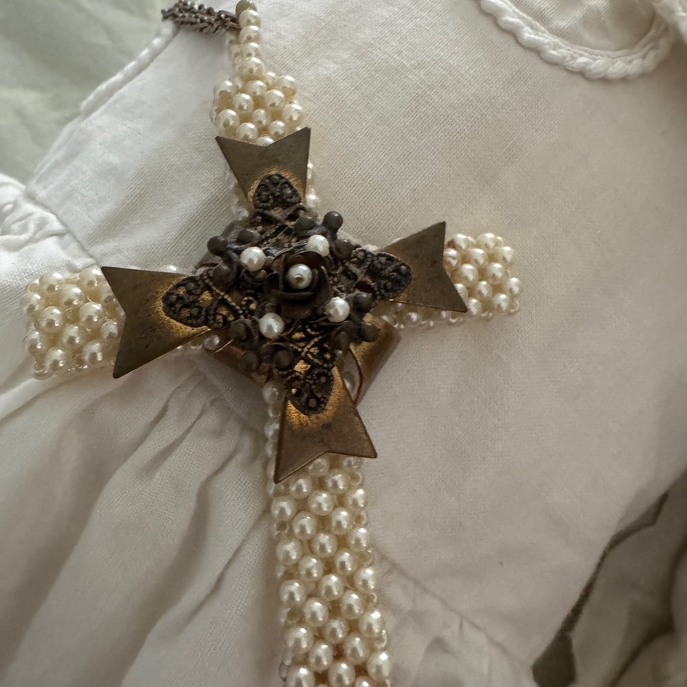 Pearl and Bronze Cross Pendant Necklace